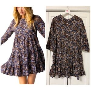Natural Life Heidi Navy Brown Paisley Mini Dress 3/4 Sleeves Cottagecore Small